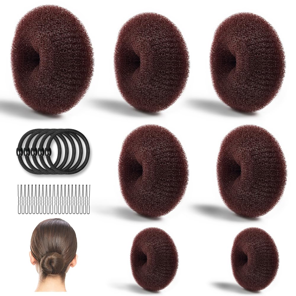 Hair Bun Maker, MORGLES 7pcs/4 Sizes Hair Donuts for Buns with 5pcs Elastic Bands, 20pcs Bobby Pins for Ballet Dancers Women, Dark Brown