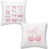 LiTiu Pink Throw Pillow Covers, Preppy Bedding, Trendy Aesthetic Cute Throw Pillow Cases 18x18 Set of 2, Bow Cherry Pillowcases for Teen Sofa, Dorm, Girls Bedroom