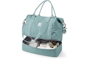 VECAVE Travel Duffel Bag, 18x14x8 Inches Travel Bag Spirit with Shoes Compartment, Weekender Overnight Bag for Women with Trolley Sleeve, Carry On Bag for Airplanes Sport Tote Gym Bag LightBlue