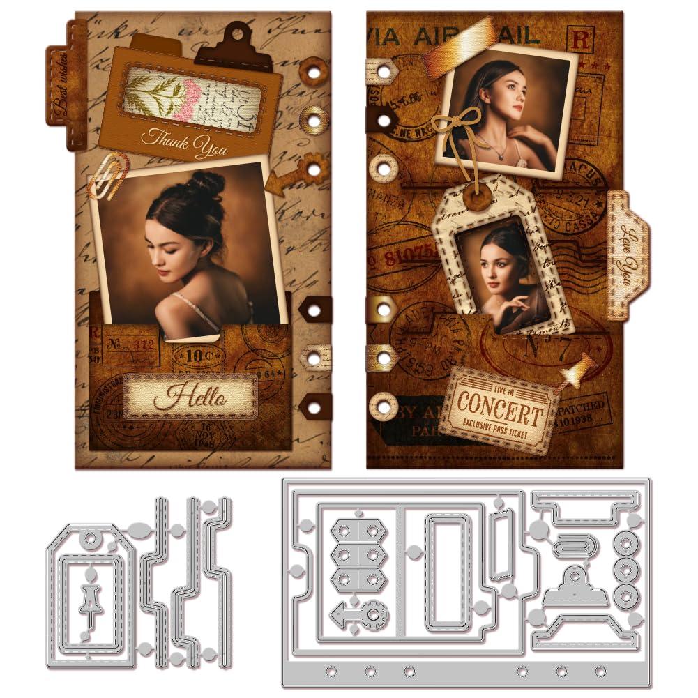 GLOBLELAND Plan Folder Pages Cutting Dies for DIY Scrapbooking Stitched Pocket Tag Label Metal Cutting Dies Journals Planners Die Cuts Template for Paper Card Making Craft Decoration Album