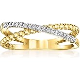 Ross-Simons 0.10 ct. t.w. Diamond Crisscross Beaded Ring in 18kt Gold Over Sterling