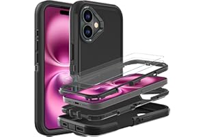 YKHJKLEC for iPhone 16 Plus Case, Military Grade 3 in 1 Heavy Duty Shockproof/Drop Proof/Dust Proof Case with 2Pcs Tempered Glass Screen Protector (Black/Black)