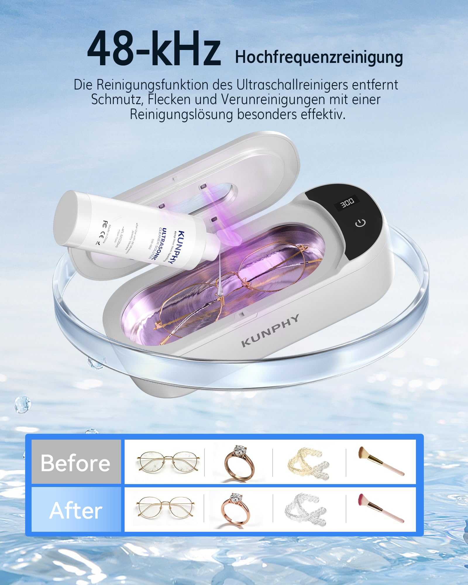 KUNPHY Ultraschallreinigungsgerät mit U-V – Brillenreinigungsgerät 400ml(20Oz) 48kHz, Ultrasonic Cleaner mit digitalem Dual-Modus-Display(5/10min), Ultraschallreiniger für Brille, Schmuck, Uhren 5