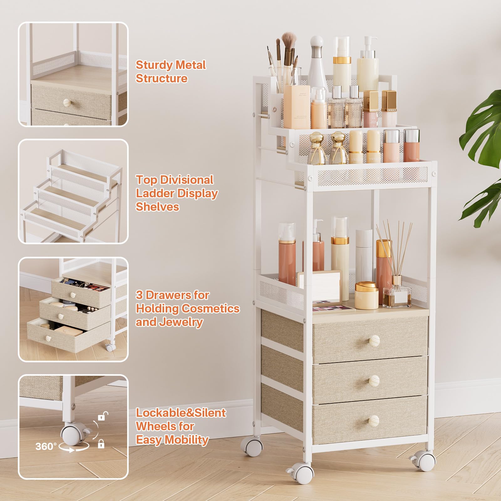 FURFUN Makeup Cart Organizer with Drawers, Floor Rolling Skincare Vanity Storage Mobile Cosmetic Display Case Stand for Makeup Brushes, Nail Polish, Perfume Organizer for Women Matte White
