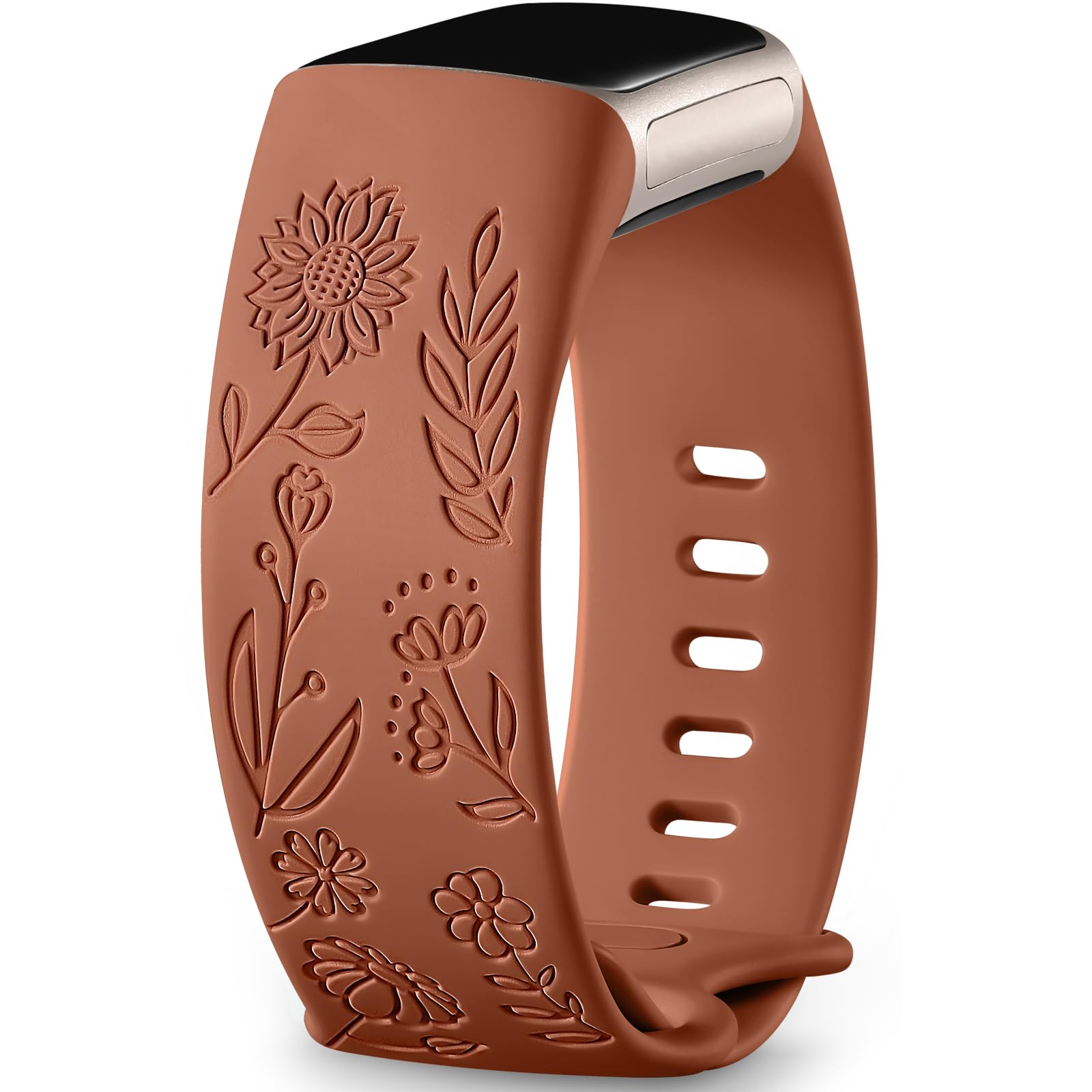 Epova Sunflower Engraved Strap Compatible with Fitbit Charge 6/5, Soft Silicone Replacement Band for Women & Men, Brown