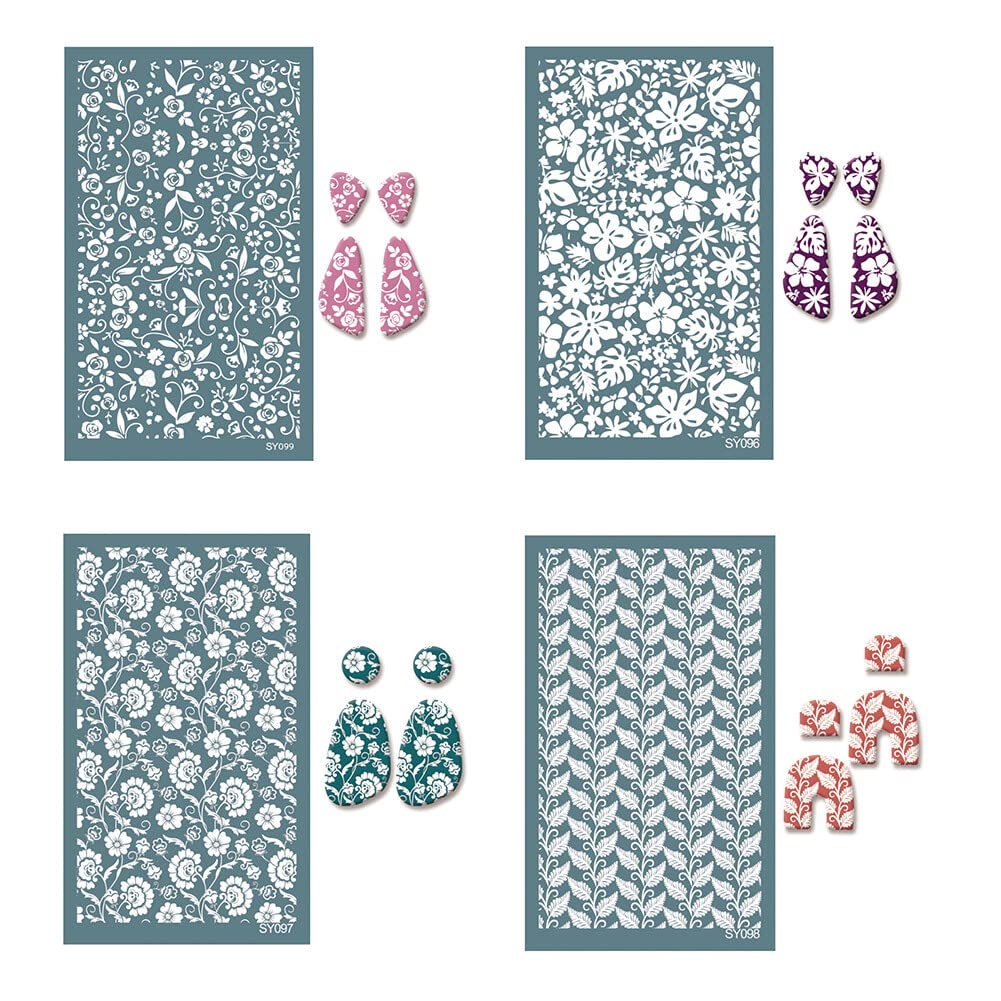 Uposao 4Pcs Silk Screen Stencils for Polymer Clay, Polymer Clay Silkscreen Tool Reusable Silkscreen Print Kit for DIY Polymer Clay Jewelry Making