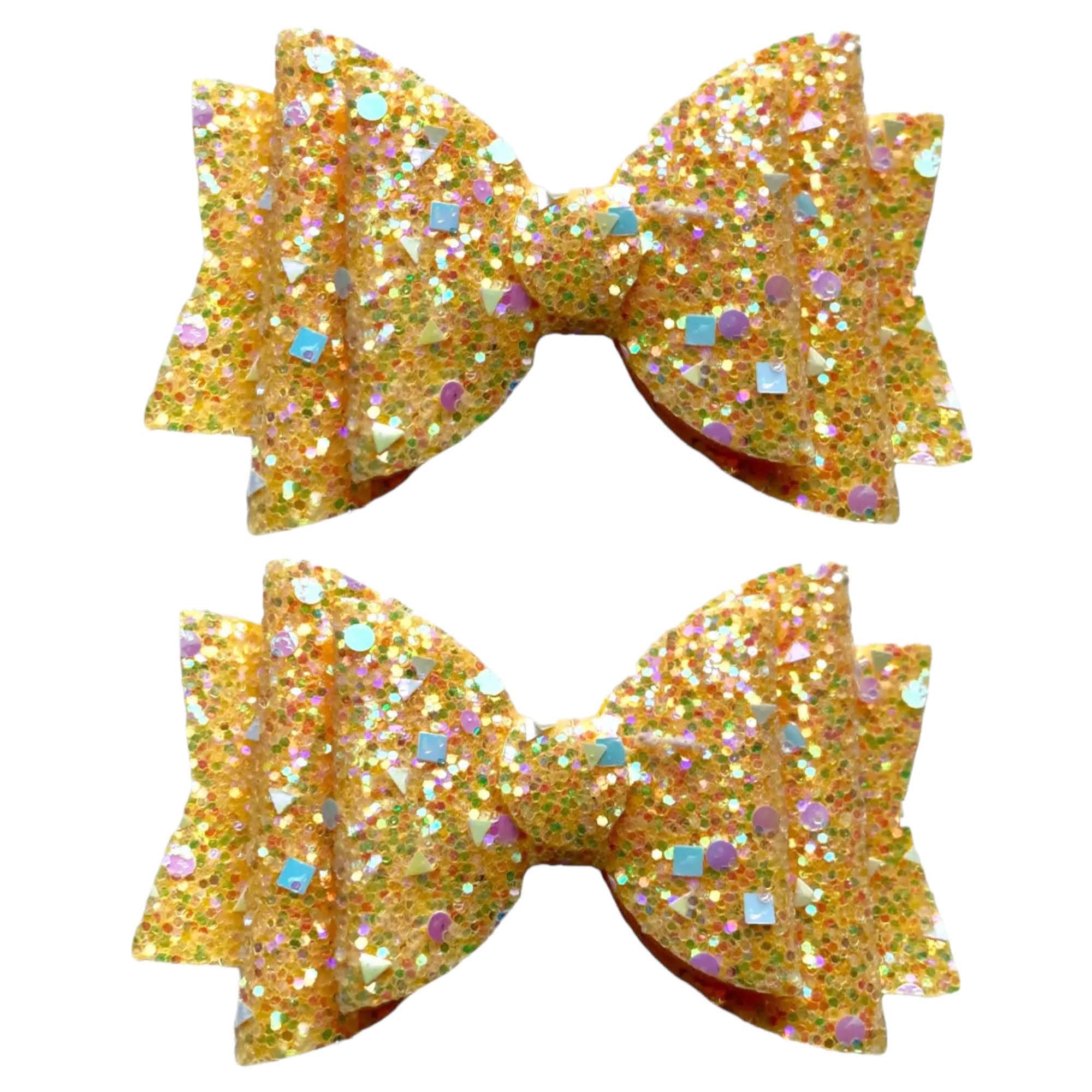 Yellow Beautiful Glitter Hair Bows Clips Slides Grips for Woman Girls Handmade 3.5" inch - 2 Pack — image 1