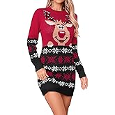 SunnyMelody Womens Ugly Christmas Sweater Dress Winter 2025 Reindeer Snowflake Knit Crew Neck Long Sleeve Midi Dresses