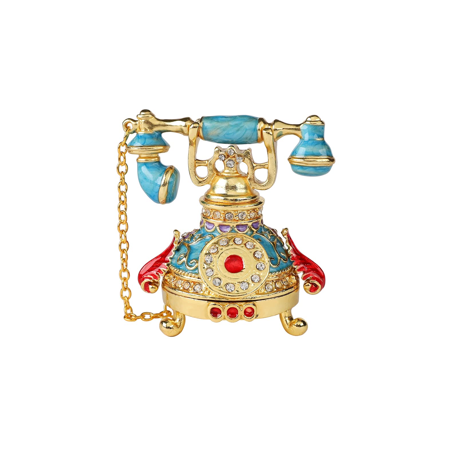 QIFU Vintage Blue Small Telephone Style Enameled Trinket Box Hinged, Unique Gift for Family(QF648)