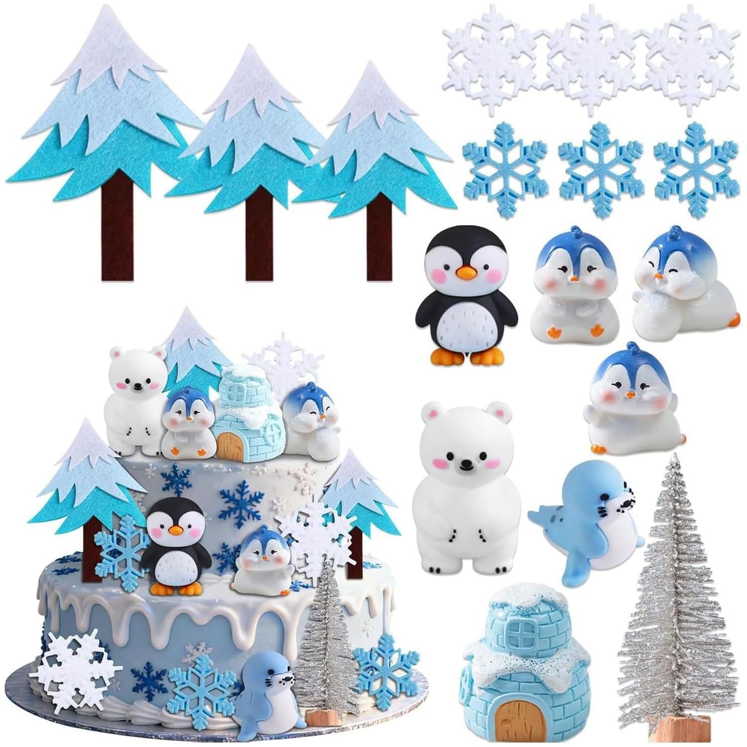 16pcs Penguin Cake Decoration, Winter Theme Birthday Party, Snowflake Cake, Penguin Party Decoration, Winter Accessories, Children's Birthday Party,Cute Ornaments
