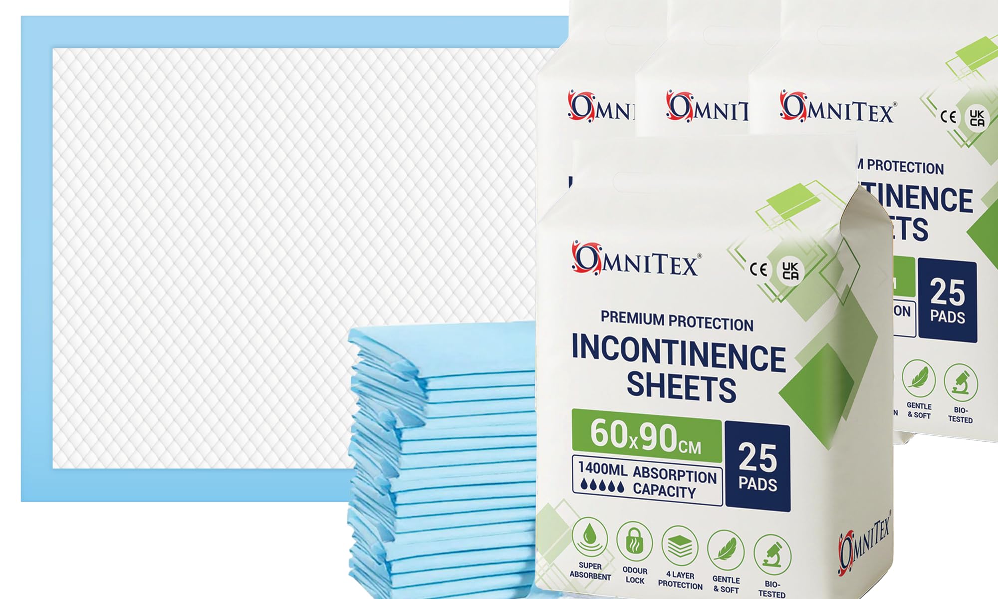 Omnitex 60 x 90cm Incontinence Bed Pads - 1400ml - 2000ml Disposable Absorbing Sheets (150x Pads - Premium (1400ml))