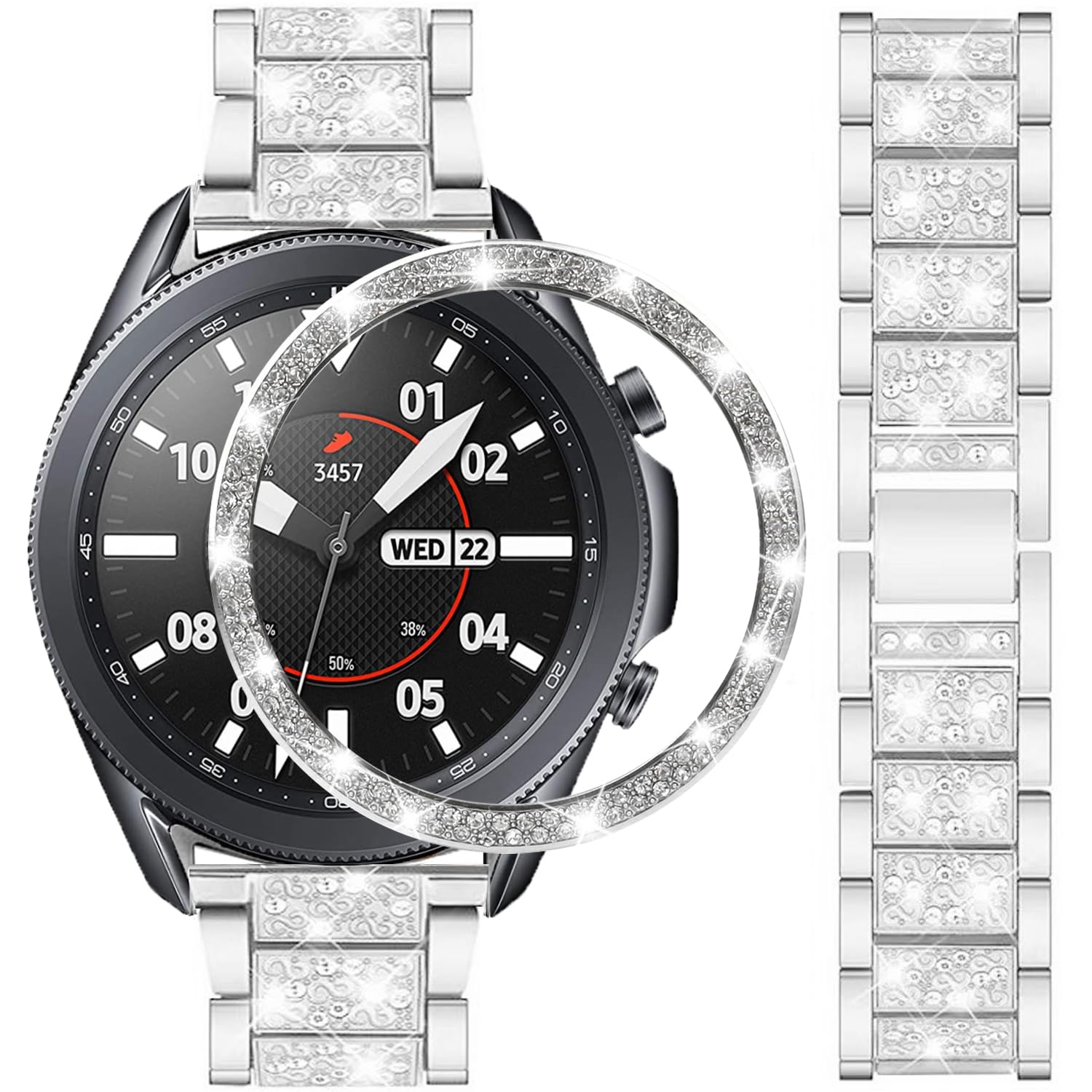 DEALELE Strap Compatible with Samsung Galaxy Watch 3 45mm, 22mm Elegant Diamond Stainless Steel Metal Strap with Strass Bezel Ring Cover Replacement for Women Men, Silver