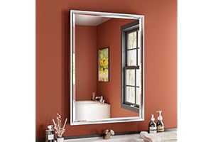 QueenFun Silver Bathroom Mirror, 22x30 Inch Beveled Silver Vanity Mirror for Bathroom Wall, Silver Metal Framed Mirror Anti-Rust, Silver Rectangle Wall Mounted Mirror for Bathroom(Vertical/Horizontal)
