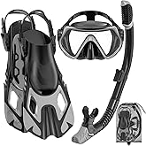 Snorkeling Gear for Adults, Mask Fin Snorkel Set, Dry Top Snorkel, Snorkeling Kit Travel Diving Package, Panoramic View Anti-Fog Anti-Leak Adjustable Swim Fins