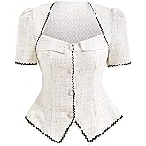 winkbay Women's Puff Sleeve Tweed Tops Elegant Button Down Business Casual Blouse