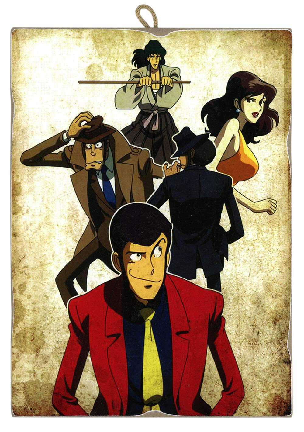 Picture Vintage Style Lupin III Series Main Collectible Characters Laser Print On Wood Made in Italy - Gift Idea