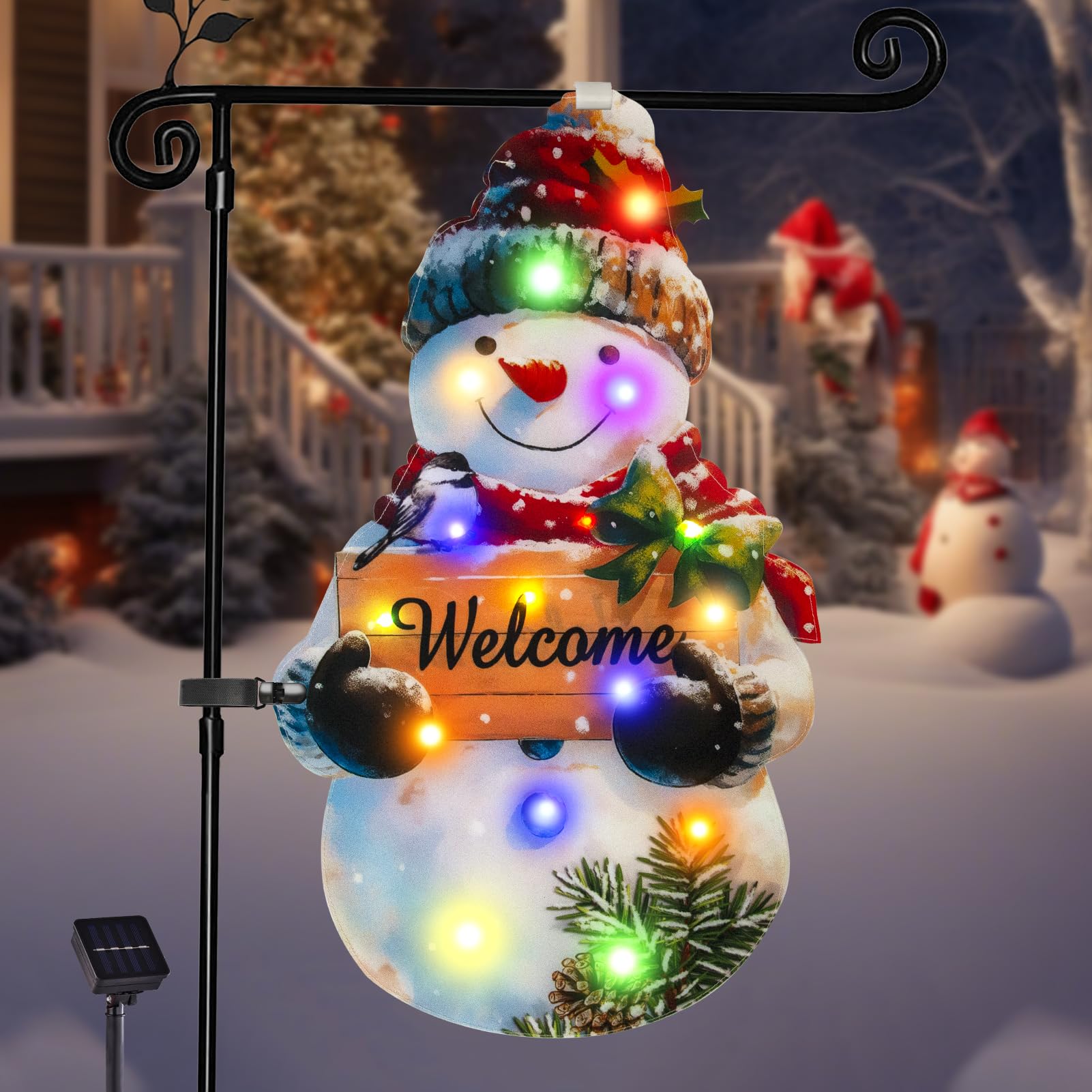 Photo 1 of amadecohome Lighted Christmas Garden Flag 22x13, 8 Modes Double Sided Solar Christmas Decorations Outdoor LED Navidad Flag, Yard Decorations for Xmas Patio Lawn Porch (Snowman Multicolor)