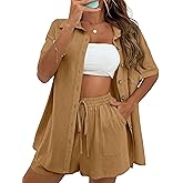 APAFES Women Summer Cotton Linen Short Sets 2 Piece Shorts Top Lounge Beach Vacation Two Piece Outfits Tracksuits