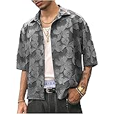BEAUDRM Men's Floral Button Down Crop Shirt Half Sleeve Collared Cropped Top Streetwear 70s Hippie Shirts