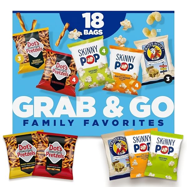 SKINNYPOP FAMILY FAVORITES VARIETY PACK, SKINNYPOP ORIGINAL AND DAIRY FREE WHITE CHEDDAR POPCORN, DOT’S ORIGINAL AND HONEY MUSTARD PRETZELS, PIRATE’S BOOTY, ON-THE-GO SNACKS, 0.5OZ AND 1OZ BAGS (18 COUNT)