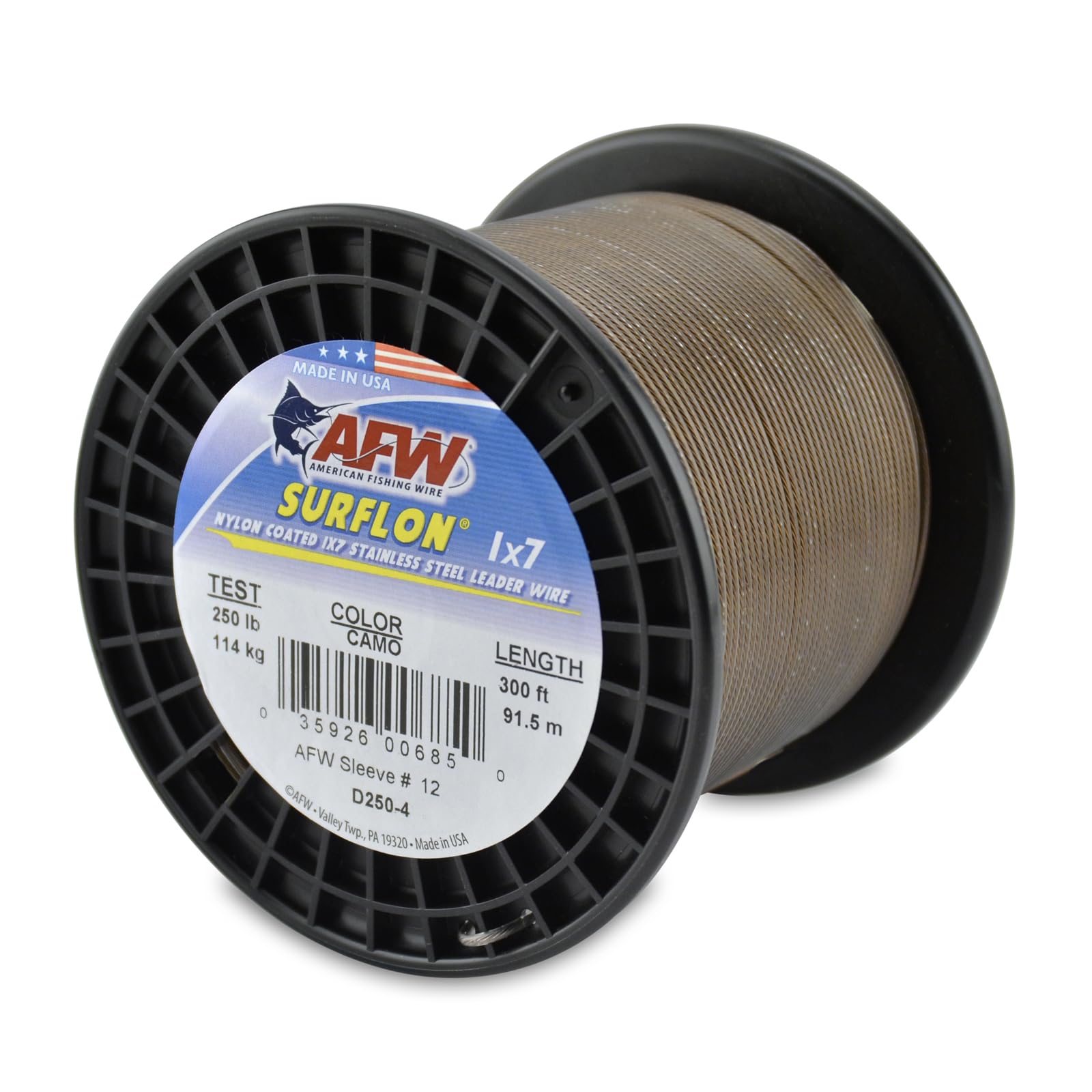 American Fishing Wire Surflon Nylon Coated 1x7 Stainless Steel Leader Wire, Camo Brown Color, 250 Pound Test, 300-Feet