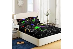 AILONEN Gamer Fitted Sheet Full Size,Gaming Bedsheets Set,Gamepad Bed Sheet Set for Boys,Boys Video Games Bedding Set,1 Fitted Sheet and 2 Pillow Case,3 Piece