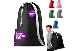 Handy Laundry Bag Shoulder Strap - Drawstring Locking Closure, Durable Material, Large Capacity, Heavy Duty Stitching, Hands Free Carrying - Perfect College Dorm (Black, 30" x 40")