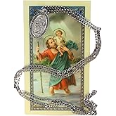 St. Christopher Pewter Medal on Stainless Steel Chain with Laminated Prayer Card | Catholic Safe Travels Pendant