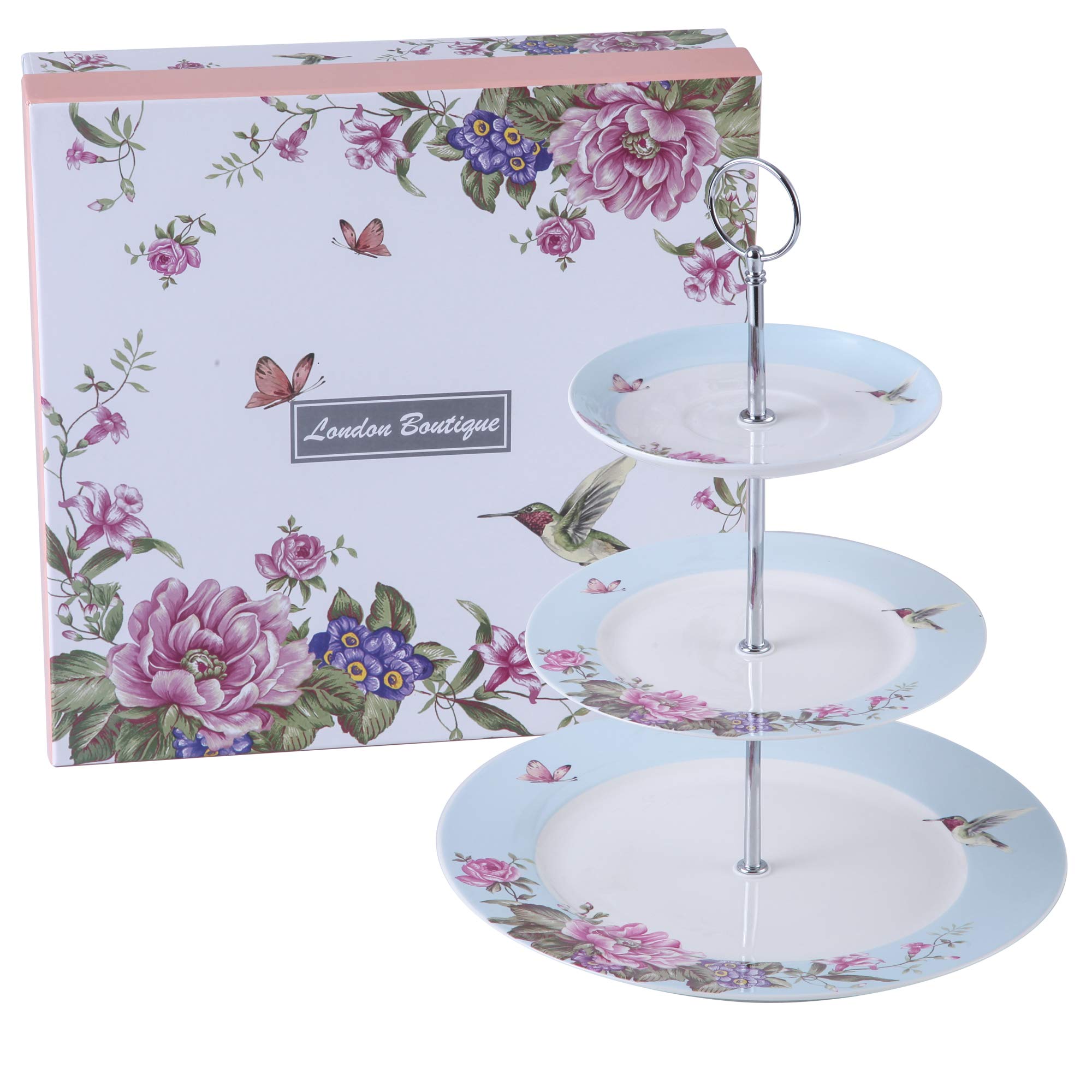 London Boutique Cake Stand afternoon tea stands 3 tier cake stand Vintage Bird Rose Butterfly New Bone China Serving Plate for Tea Party High tea Gift for Her (Blue)