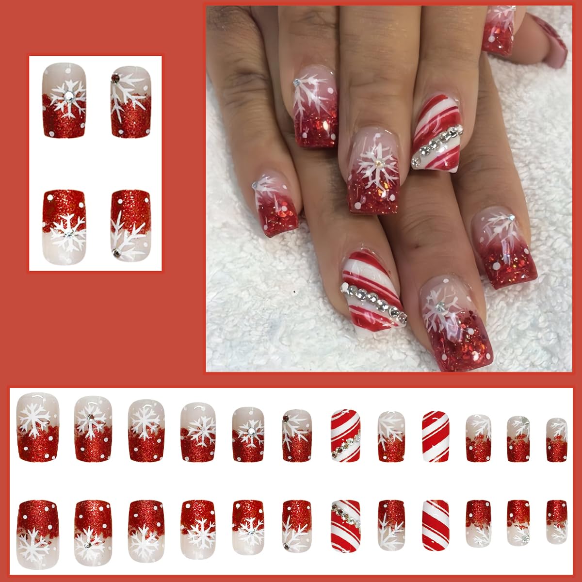 24Pcs Snowflake Press on Nails Christmas Fake Nails Glitter Snowflake French Tip False Nails with Nail Rhinestones Full Cover Nails, Xmas Holiday Red Stick on Nails for Winter DIY Manicure Decorations - Image 2