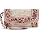 Montana West Wristlet Wallets for Women Western Floral Tooled Cowhide Wallets Large Capacity Trifold Wallet with ID Window