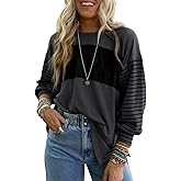 Dokotoo Long Sleeve Tops Oversized 2026 Trendy Round Crew Neck Casual Color Block Womens Shirts Blouses