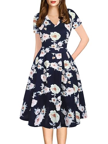 Oxiuly Women's Vintage Patchwork Swing Dress With Pockets – Party & Casual Wear - View #2