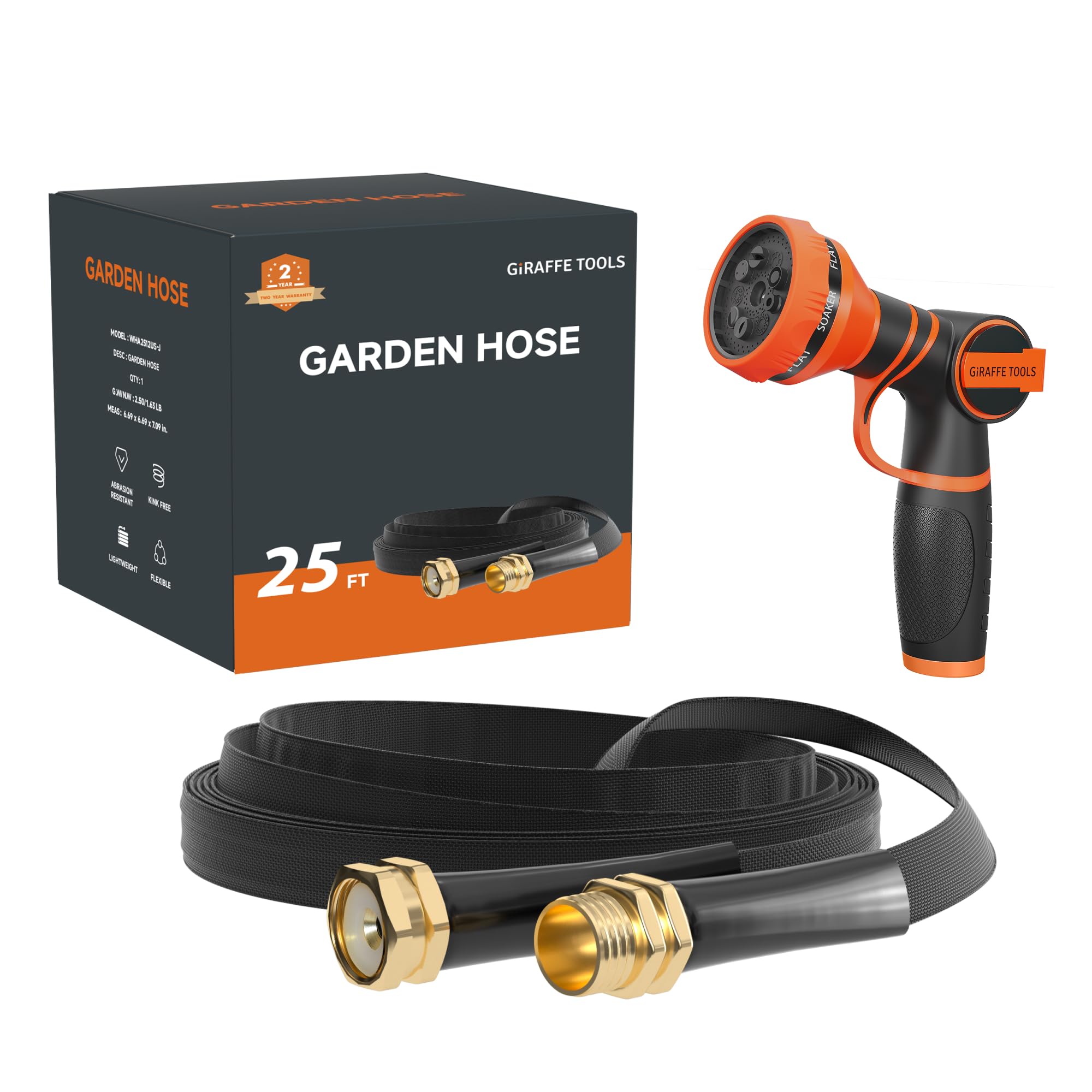 Photo 1 of Giraffe Tools Garden Hose 25FT Lightweight Lay Flat Water Hose Kink Free Flexible Hose with 9 Spray Function Nozzle, Black