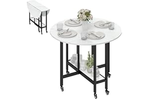 HOMCOM Folding Dining Table, Rolling Drop Leaf Table with Open Shelf for Dining Room, Living Room, Small Spaces, White Marble