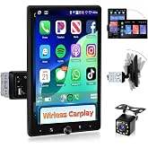 Podofo 10.4" Single Din Radio Car Stereo with Wireless CarPlay &amp; Android Auto, Rotatable Touch Screen, Bluetooth, 16-Band EQ Audio, Mirror Link, SWC, FM, USB, TF, Backup Camera