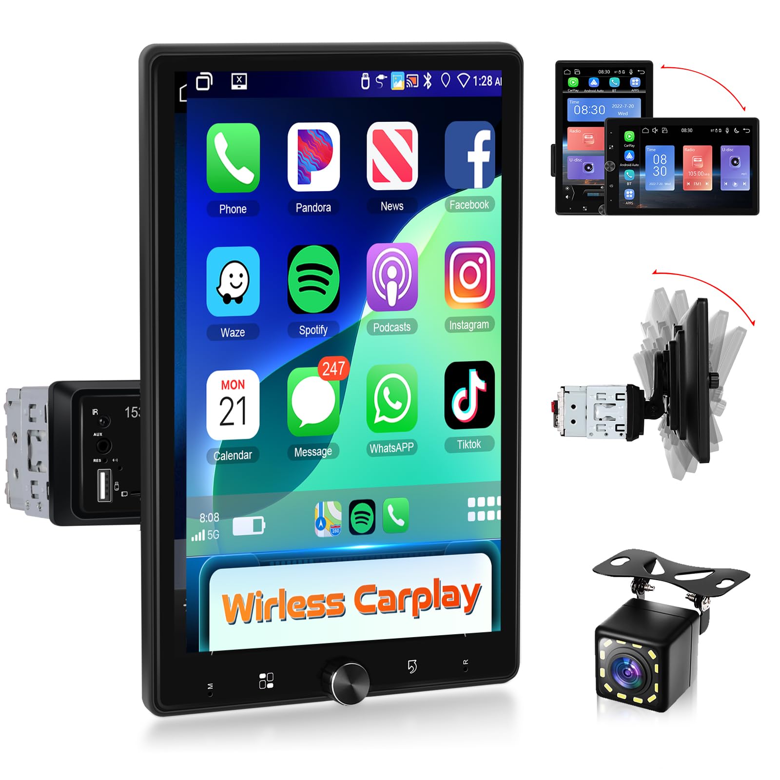 Photo 1 of Podofo 10.4" Single Din Radio Car Stereo with Wireless CarPlay & Android Auto, Rotatable Touch Screen, Bluetooth, 16-Band EQ Audio, Mirror Link, SWC, FM, USB, TF, Backup Camera