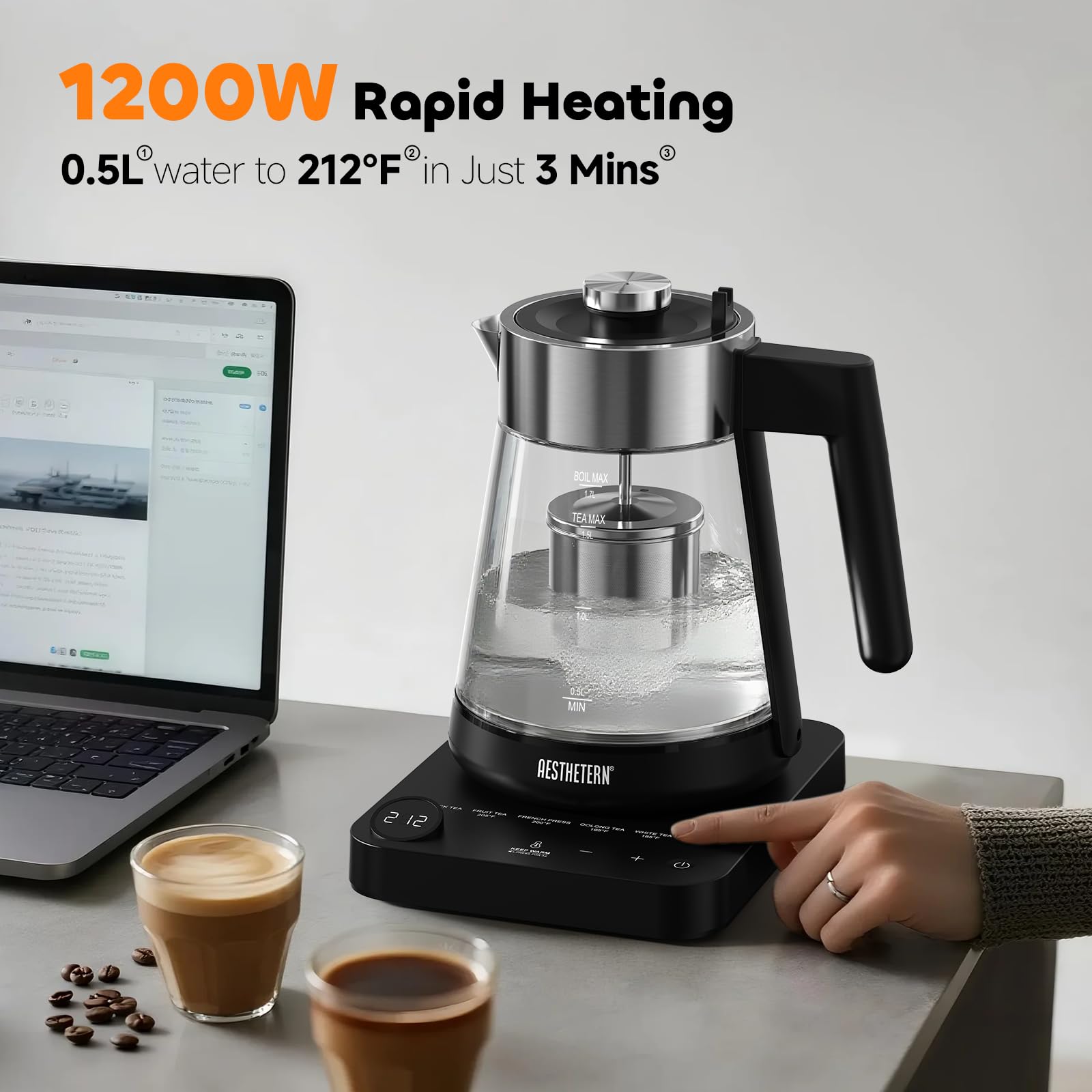 Aesthetern Tetera Eléctrica con Infusor Hervidor Eléctrico de Vidrio de 1,7 L con Control de Temperatura Apagado Automático 12H Mantener Caliente para Calentador de Agua para Té y Café, Negro