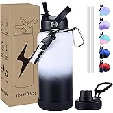 CoolSub Insulated Water Bottle, 32 oz Stainless Steel Wide Mouth Water Bottles with 2 Leak Proof Lid and Paracord Handle, Double Wall Vacuum Insulated Sports Water Bottle, White Black