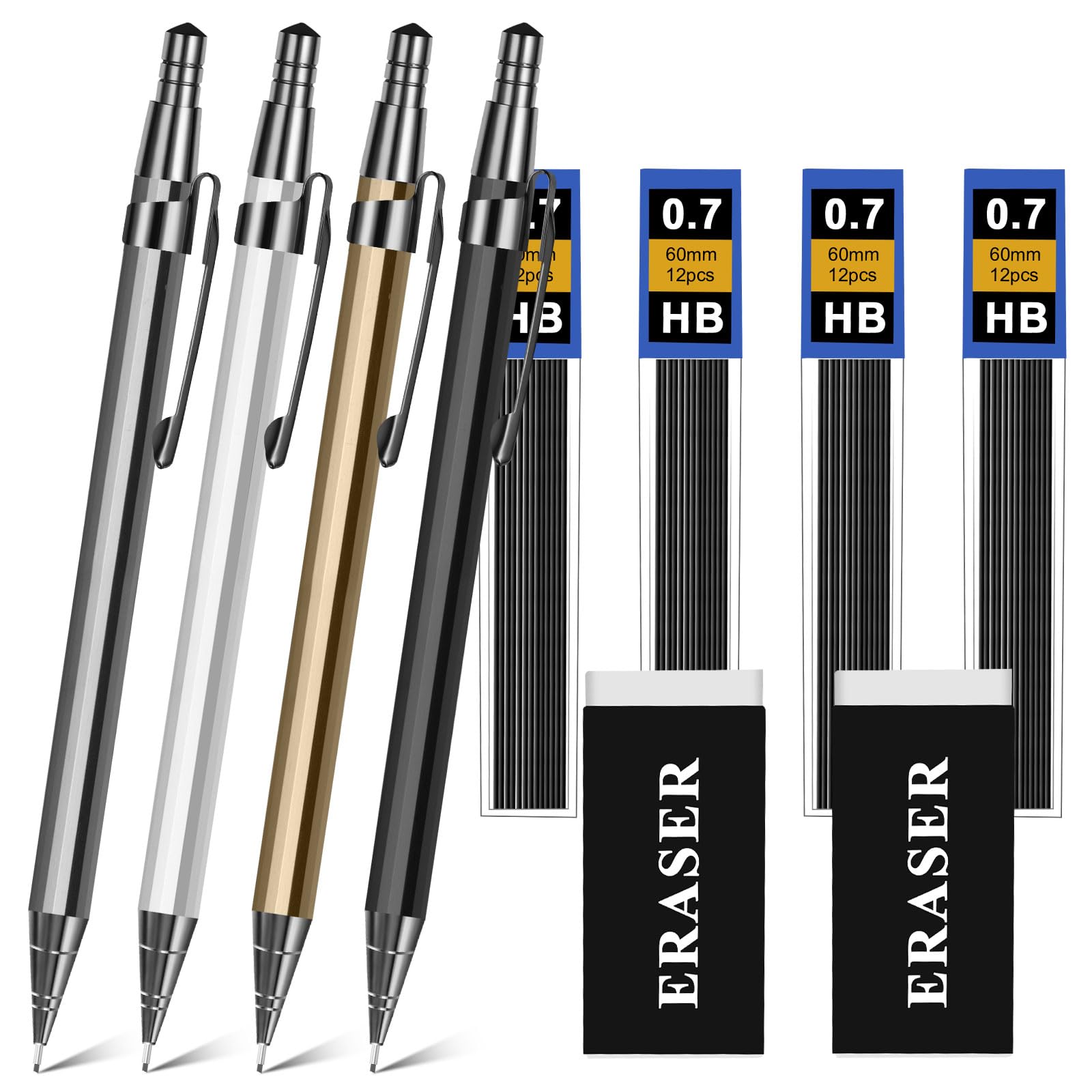 OFFCUP Metal Mechanical Pencil Set, 4Pcs Propelling Drafting, 0.7mm Automatic Artist Clutch With 4 Tube Lead Refills 2 Erasers Case for School Writing, Drawing