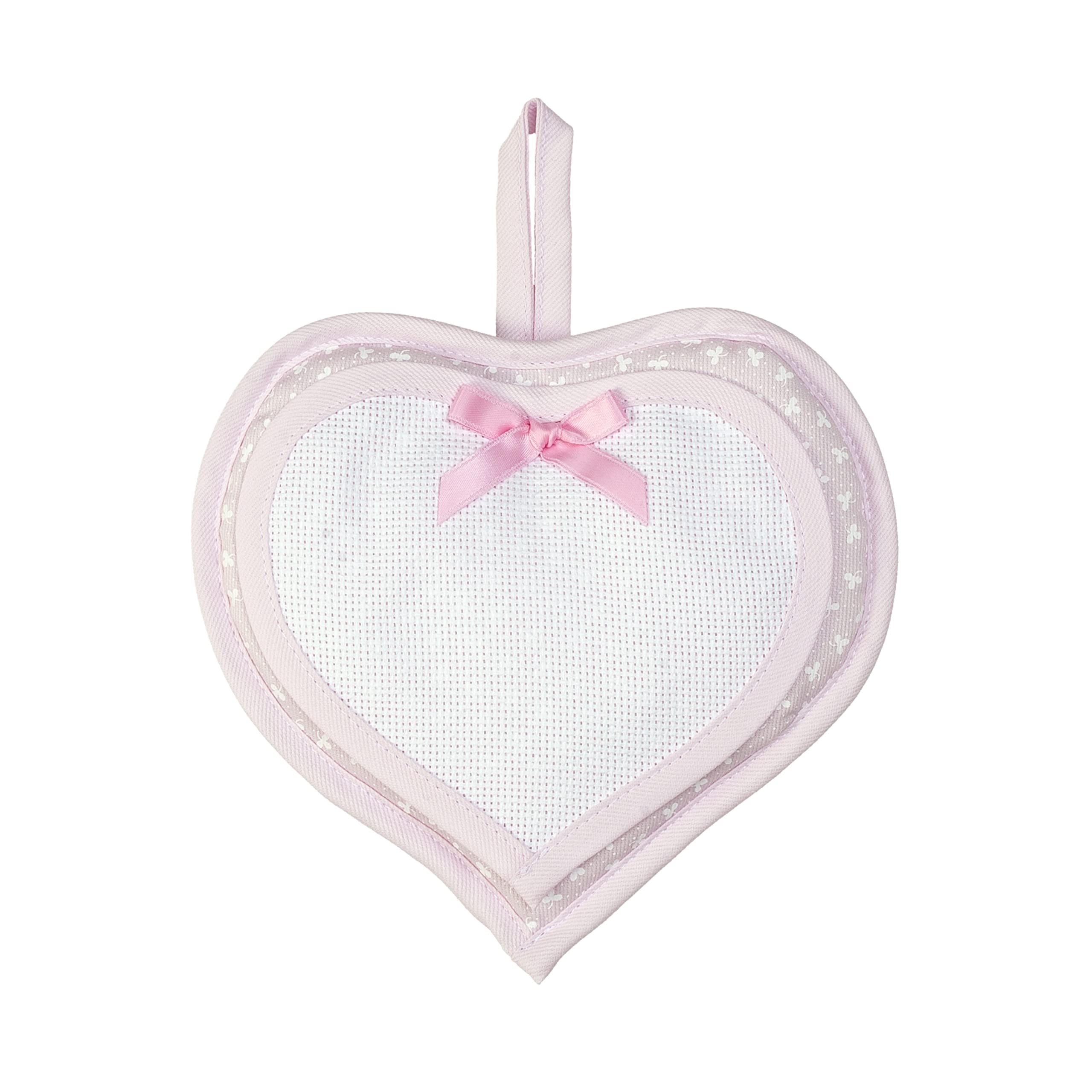 Filet - Heart Shaped Birth Announcement Ribbon with Aida Insert to be Embroidered, Ideal to Hang to Announce The Birth of a Baby Girl or as a Cradle Cap, 100% Made in Italy, Pink Colour