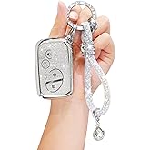 Key Fob Cover for Lexus with Diamond Bling Keychain, Compatible with IS250 IS350 LX570 GX460 GS430 GS300 GS450h RX350 RX450h CT200h, 4 Buttons Car Key Shell Case (White)