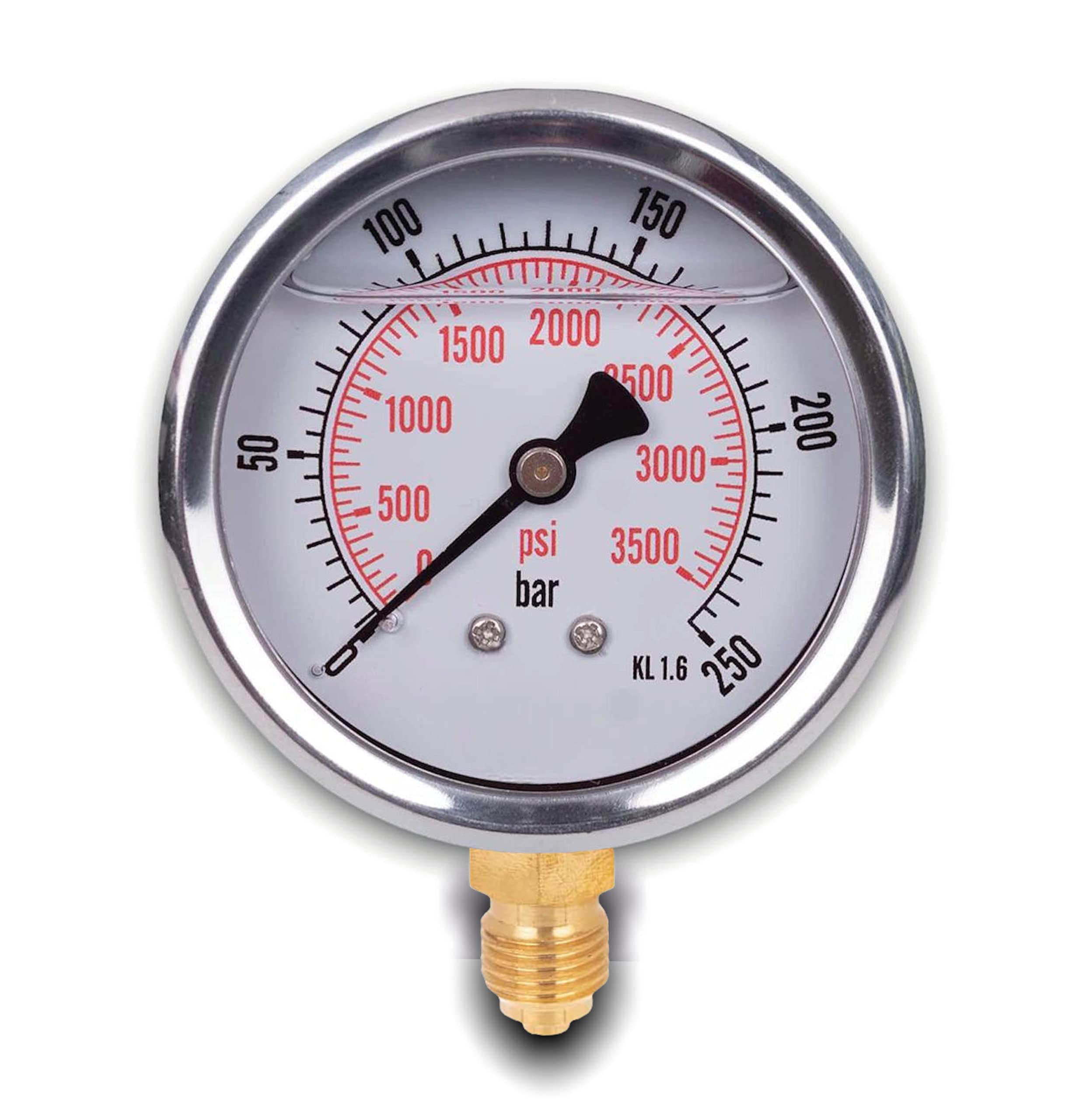 Stainless steel radial pressure gauge D.63 mm with 1/4 glycerine connector from the bottom (0-250 bar)