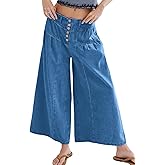 CHARTOU Women Flare Wide Leg Jeans Baggy Cropped Mid Rise Jeans Pleated Ruffle Denim Pants with Pockets