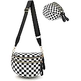 Crossbody Bags for Women, Checkered Bum Bag Crossbody, Spacious Nylon Shoulder Handbag Mom Bag (black-white checkered)