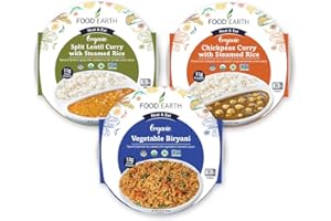 Food Earth Ready to Eat Indian Cuisine Bundle – Split Lentil Curry, Chickpeas Curry with Steamed Rice & Vegetable Biryani – Organic, Vegan, Gluten-Free, GMO-Free, Plant-Based – Pack of 3