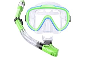 Seovediary Kids Snorkel Set, Anti-Fog Panoramic Tempered Glass Kids Snorkel mask, Anti-Leak Scuba Diving Mask with Mesh Bag, Dry Top Snorkeling Gear for Kids and Youth Age 4-16