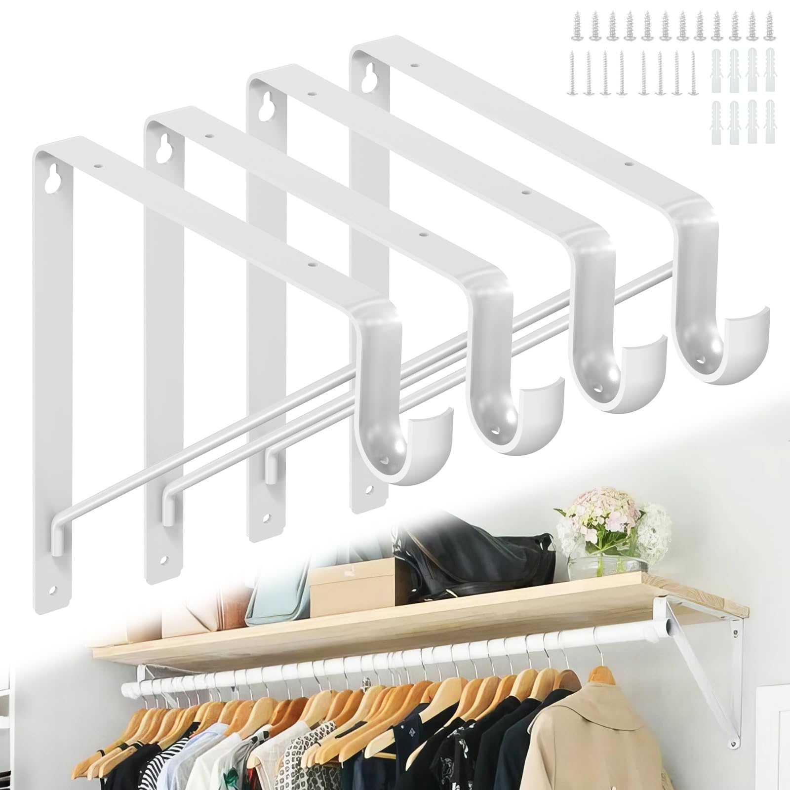 Closet Shelf & Rod Brackets Heavy Duty, 4-Pack Triangular Wall Mounted Shelf Brackets with Clothes Rail Pole Hook, 50kg Load, Space-Saving Storage Solution for Wardrobe, Garage, Laundry Room
