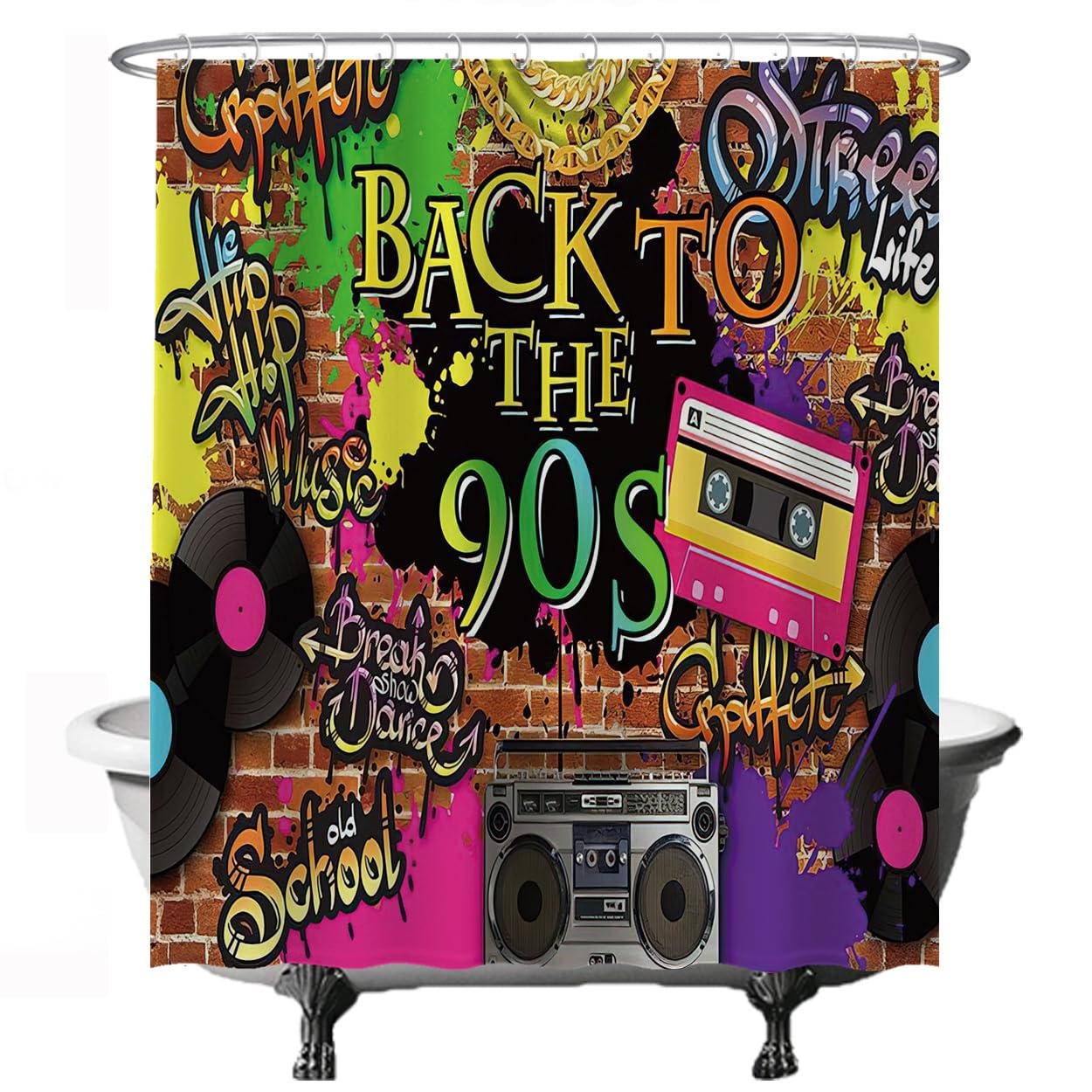 Ulticool Shower Curtain - 90s Party Vintage Graffiti Nineties Cassette - 180 x 200 cm - Washable - Anti Mould - with 12 Rings - Multicoloured