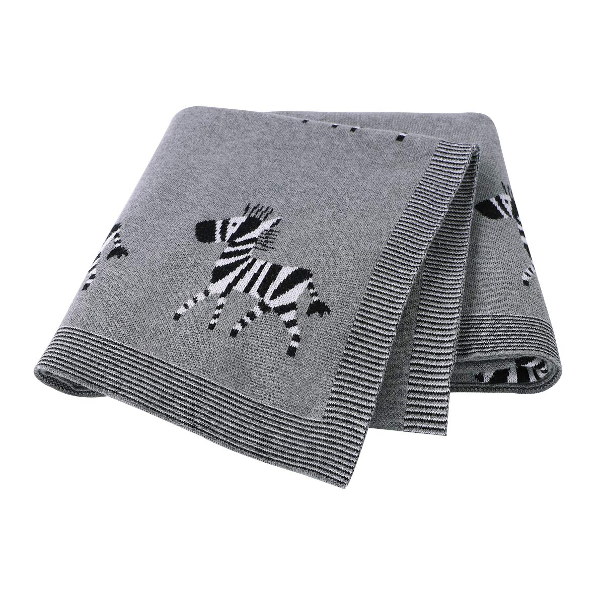 DovFanny Baby Blanket 100% Cotton Knitted Soft Blanket for NewBron with Lovely Zebra 100 x 80cm Grey